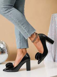 女士尖头黑色高跟鞋，蝴蝶结装饰，时尚舒适正装鞋，适合派对、正式场合、休闲装，春秋冬 - 黑色 - 查看 4