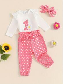 Baby Girl First Birthday Outfit 1st Flower Long Sleeve Romper Cute Bow Pants Set One Year Birthday Clothes Baby Girl First Birthday Outfit Long Sleeve Romper + Pants + Headband One Year Birthday Clothes - 粉色 - 查看 2