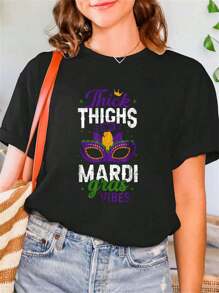 Mardi Gras Vibes New Orleans Party Graphic T-Shirt Print Crew Neck T-Shirt For Summer, Women's Soft Short Sleeve Top, Stylish Comfy Tee For Women Graphic Tees