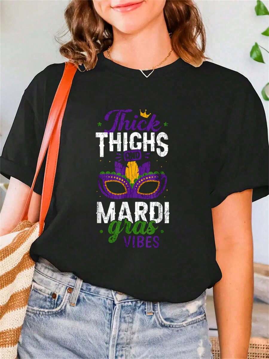Mardi Gras Vibes New Orleans Party Graphic T-Shirt Print Crew Neck T-Shirt For Summer, Women's Soft Short Sleeve Top, Stylish Comfy Tee For Women Graphic Tees