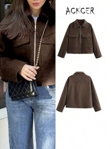 Women's Fashionable And Casual Versatile Solid Color Large Pocket Zipper Commuting Woolen Tops Coat - Coffee Brown - View 1