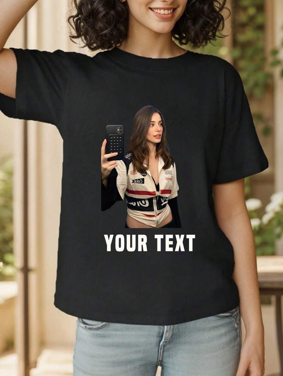 Customized Photo Printed Loose T-Shirt, Minimalist Women's Apparel For Spring/Summer, Personalized Friend/Couple/Pet/Sister/Selfie/Photo Print, Custom Graphic Casual Sportwear T-Shirt, Team Uniforms, Surprise Gift, Birthday Gift, Wedding Gift, Mother's Day Gift, Best Friend Gift, Anniversary Gift, Valentine's Day Gift, Gift For Her, Women's Top, Music Festival Outfit, Party Gift