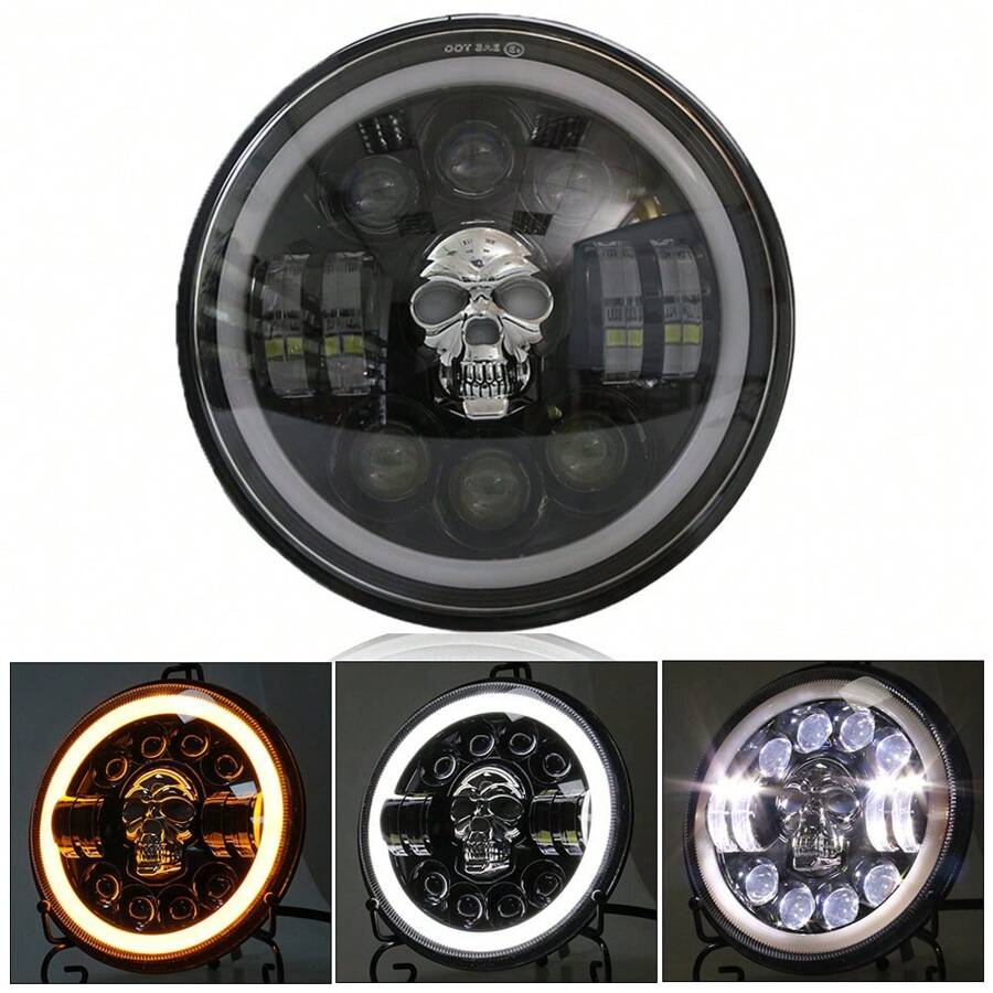 Faro de motocicleta LED con cabeza de calavera de 7 pulgadas con luces de cruce, luces diurnas, luces antiniebla y luces indicadoras para Suzuki Kawasaki Touring Custom - Negro - Ver 1
