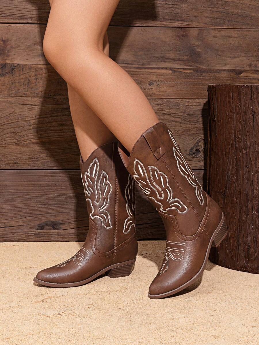 Women'S Cowboy Western Boots Point Toe Embroidered Detail Chunky Heeled Pull On Cowgirl Fall Women Clothes Party Holiday Mid-Calf Brown Boots - 棕色 - 查看 1