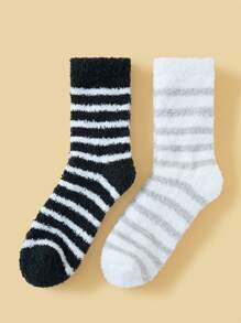2 双男式舒适纯色温暖柔软毛绒条纹黑色袜子舒适蓬松四分之一袜子