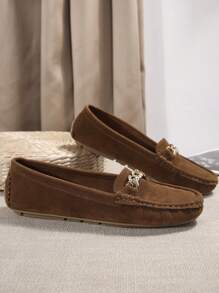 Fashion New Comfortable Casual Metal Chain Decor Women's Flat Shoes, Outdoor Lightweight Soft Bottom Fabric Slip-On Low-Top Slip-On Sandals, Summer Beach Vacation Solid Color Round Toe Simple Suede Brown Loafers - Brown - View 5