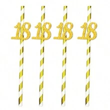 10pcs Paper Straws With 18, 21, 30, 40, 50, 60, 70, 80 Number Design In Gold & Rose Gold Color, Cake Decor For Birthday Party