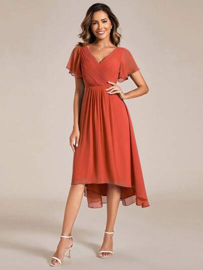 Elegant Autumn Formal Evening Gown, V-Neck Ruffle Sleeve High-Low Hem Apricot Color Bridesmaid Dress, Wedding Guest Dress