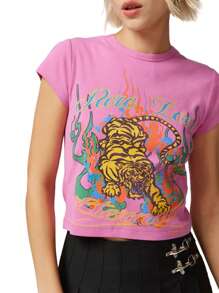 Women's Summer Slim Crop Tops Letter Tiger Pirnt Short Sleeve Round Neck Show Navel Baby Tee Streetwear - Hồng - Xem 1