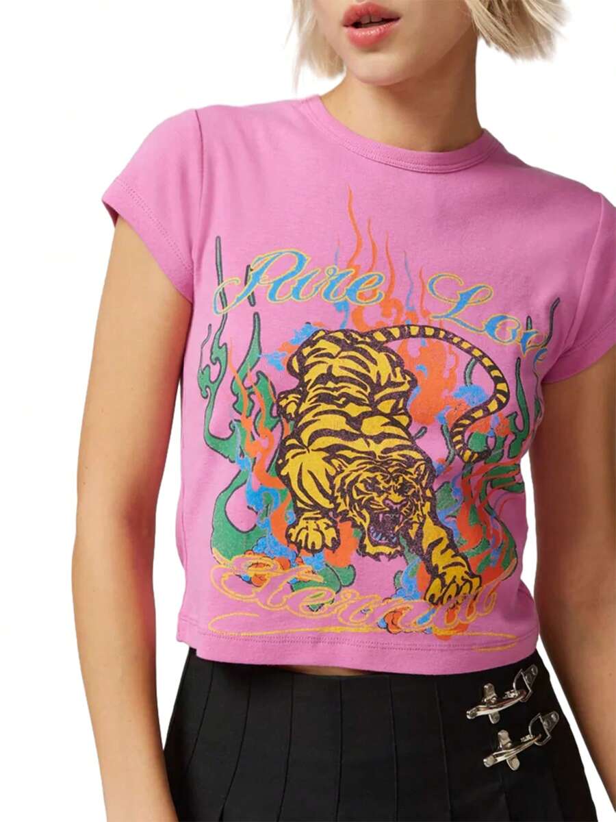 Women's Summer Slim Crop Tops Letter Tiger Pirnt Short Sleeve Round Neck Show Navel Baby Tee Streetwear - Hồng - Xem 1