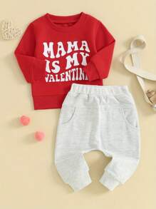 Toddler Baby Boy Valentines Day Outfit Mr. Steal Your Heart Long Sleeve Sweatshirt And Pants Spring Fall Clothes Set - Xám - Xem 3