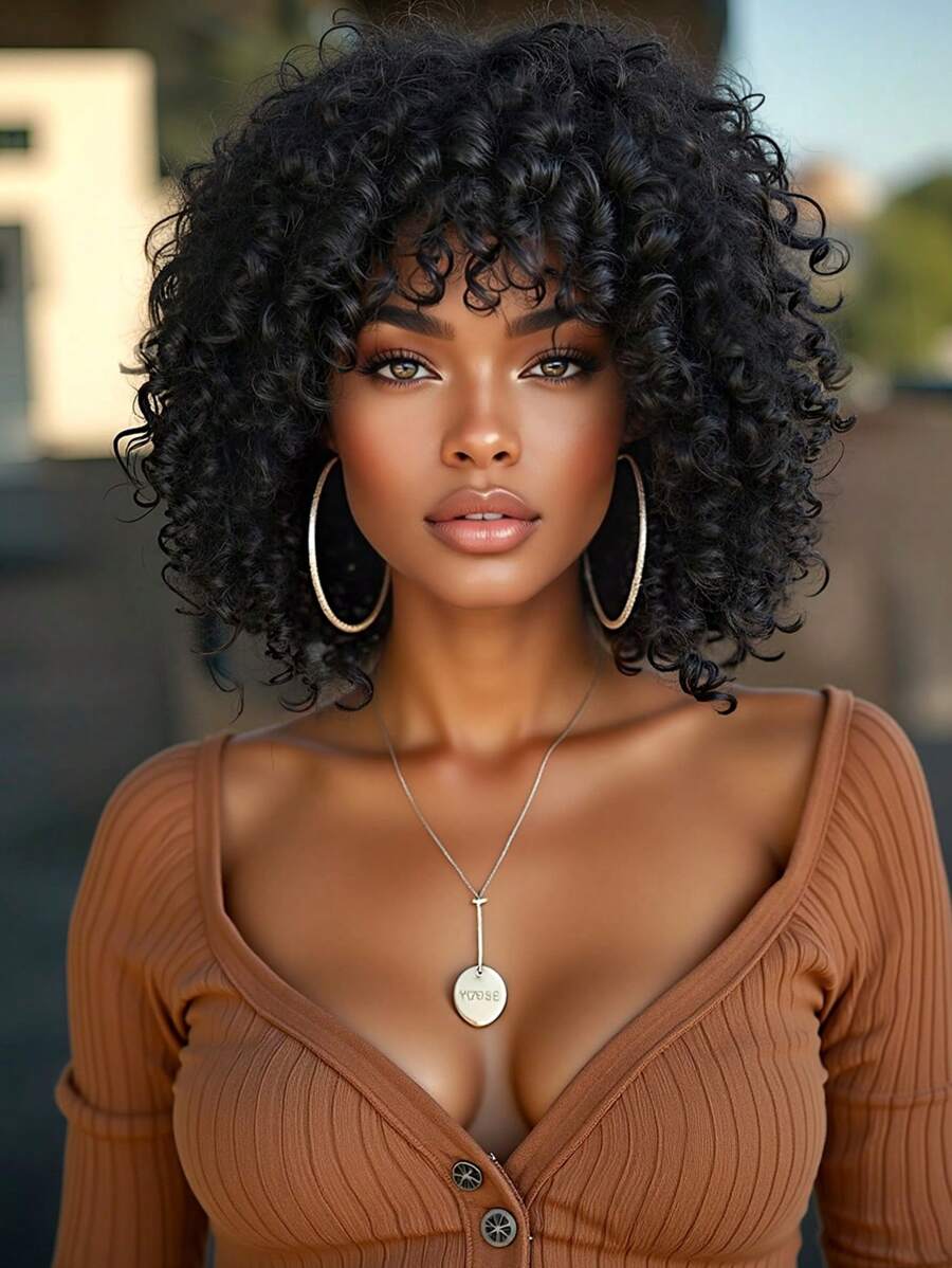 Fluffy Little Curl Wig Black 12-Inch Short Curl Wig Synthetic Heat Resistant Fiber Wig Ladies Wig Perfect For Holiday Travel Family Gatherings Everyday Wear Use - 黑色 - 查看 1