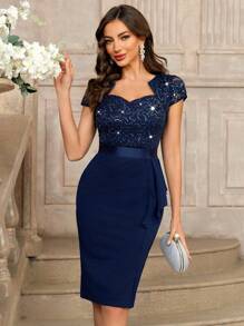 MIUSOL Sequin Lace Sweetheart Neck Ruffle Hem Cocktail Party Bodycon Dress - Navy Blue - View 5