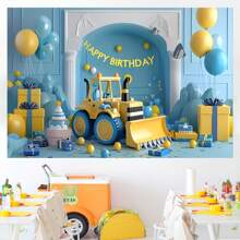 1PC Blue And Yellow Excavator Toy Balloon Gift Box Room Decoration Background Birthday Cake Table Supplies Decoration Back Cloth Banner Perfectly Decorated Birthday Party Room Wall Back Cloth Studio Props Unwashed 82.7*59.1/59.1*39.4/39.4*29.5 Inches