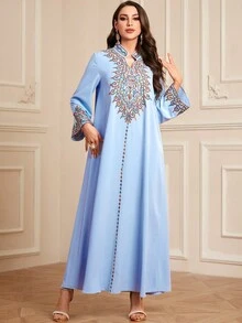 Women's Spring/Summer Fashion Embroidered Tie Neck V-Neck Casual Comfortable Long Sleeve Arabic Style Dress, Modest Kaftan - Baby Blue - View 3