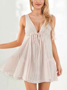 Women Summer Casual A-Line Dress Solid Color Deep V-Neck Tie-Up Mini Backless Tank Halterneck Clothes - Hồng - Xem 8