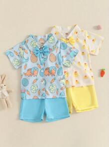 Toddler Baby Boys Easter Outfits Easter Egg Carrot Pattern Turn Down Collar Short Sleeve Shirt With Shorts 2 Pcs Set For Summer - 藍色 - 查看 3