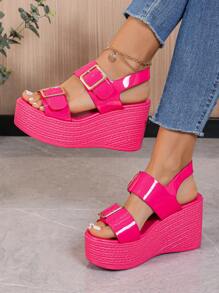 Plus Size Wedge Open Toe Shiny Fuchsia Fashion Versatile High Heel Ladies Anti-Slip Thick Platform Summer Sandals - Hot Pink - View 5
