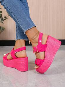 Plus Size Wedge Open Toe Shiny Fuchsia Fashion Versatile High Heel Ladies Anti-Slip Thick Platform Summer Sandals - Hot Pink - View 3