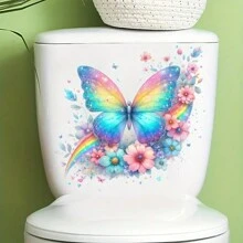 1 pieza Pegatinas de asiento de inodoro con mariposa colorida, decoración autoadhesiva de superficie cerámica con estampado animal, decoración desechable de baño con tema de mariposa y floral, tratamiento de superficie semibrillante, adecuado para decoración del hogar