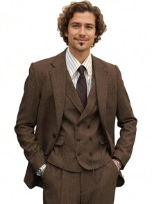 Mens Herringbone Tweed Suit 3 Piece Suit Two Buttons Wool Suits 1920's Themed Wedding Suit - màu nâu - Xem 1