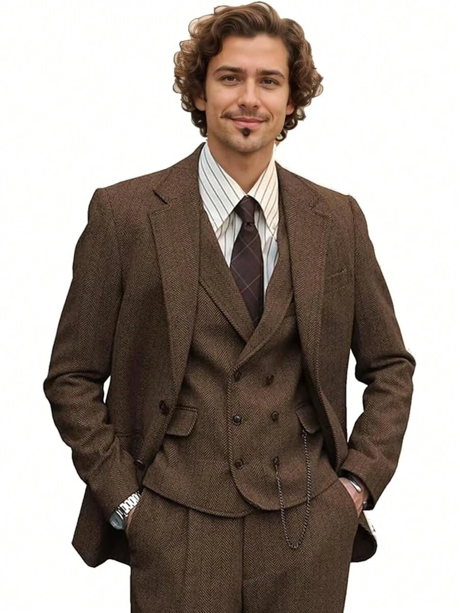 Mens Herringbone Tweed Suit 3 Piece Suit Two Buttons Wool Suits 1920's Themed Wedding Suit - màu nâu - Xem 1