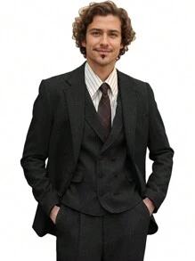 Mens Herringbone Tweed Suit 3 Piece Suit Two Buttons Wool Suits 1920's Themed Wedding Suit - 黑色 - 查看 1