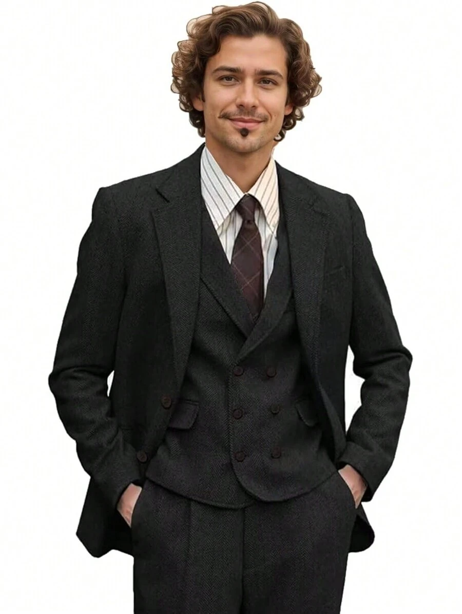 Mens Herringbone Tweed Suit 3 Piece Suit Two Buttons Wool Suits 1920's Themed Wedding Suit - 黑色 - 查看 1