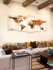 5 Pcs Unframed Canvas Wall Arts Posters Painting Abstract Brown Watercolour-Style World Map On A Beige Background Art Poster Canvas Master Bedroom Artwork For Living Room, Bedroom, Bar Wall Decor,Vintage Home Decor Gift Gifts Birthday Graduation