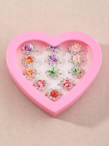 12pcs/Set Girls Rhinestone Flower, Heart, Geometric Design Rings Set