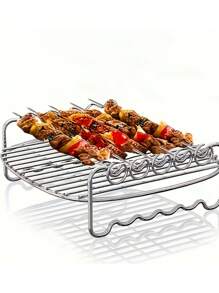 Stainless Steel Air Fryer Rack, Polished Surface - Double Layer Grill And Steam Rack, Suitable For Oven, Microwave Baking - Multifunctional Kitchen Accessories For Cooking And Grilling, Stainless Steel Air Fryer Accessories, Double Layer Rack And Skewer, Multipurpose Grilling And Baking Tools, Dishwasher Friendly, Compatible With Most Air Fryers