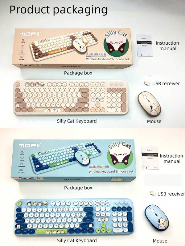 MOFII Combo inalámbrico ergonómico de teclado y ratón 2.4G Plug and Play con 104 teclas, teclado con lindos gatos, teclas redondas retro de colores y ratón silencioso compatible con Win7/8/10/XP