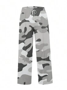 Women's Spring Summer Baggy Pants Drawstring Camouflage Loose Fit Wide Leg Trousers - 灰色 - 查看 5