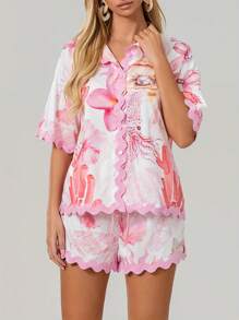 Women 2 Piece Shorts Sets Graphic Short Sleeve Button Shirt Wide Leg Lounge Shorts Outfit
