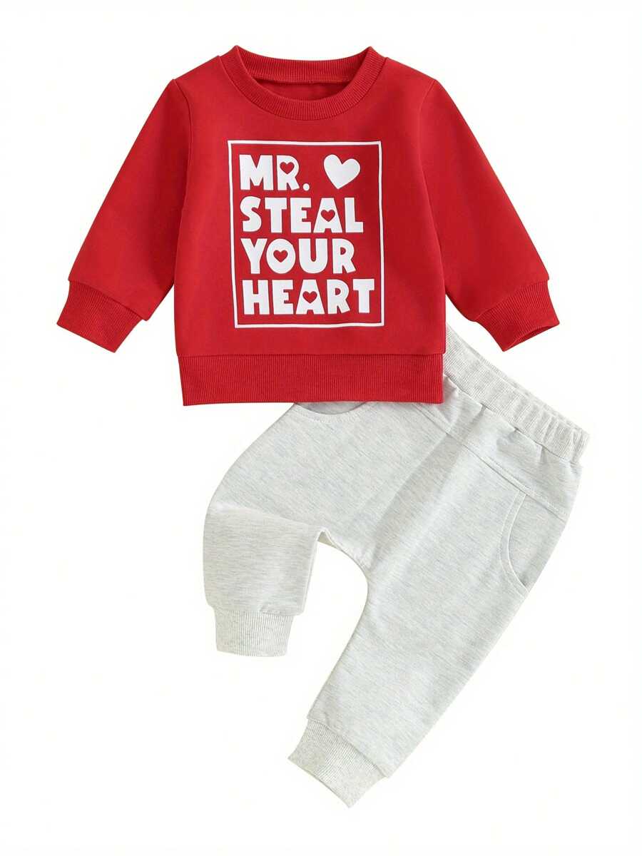 Toddler Baby Boy Valentines Day Outfit Mr. Steal Your Heart Long Sleeve Sweatshirt And Pants Spring Fall Clothes Set - 紅色 - 查看 1