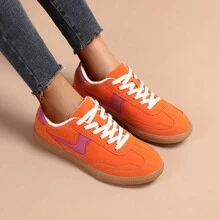 TELOXGE New Women Plush Lace-Up Flat Shoes Casual Shoes Trainers Contrast Color Cute Elegant Style - Orange - View 6