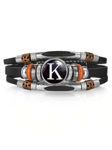 1pc 26 Piece Leather Alphabet Bracelet, Men/Couples Fashion Handmade Beaded Multilayer Punk Wristband, Birthday Wedding Gift, Daily Wear - Black - View 24