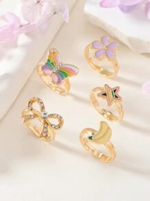 5pcs/Set Adjustable Zinc Alloy Children's Rings, Birthday Gift & Party Accessory, Cute Rings For Girl Student, Multiple Designs Available