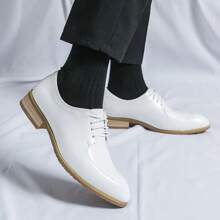 Men's Pointed Toe Lace-Up Shiny Loafers, Dress Casual Business Fashion Versatile Black Leather Shoes - White - View 3