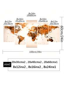 5 Pcs Unframed Canvas Wall Arts Posters Painting Abstract Brown Watercolour-Style World Map On A Beige Background Art Poster Canvas Master Bedroom Artwork For Living Room, Bedroom, Bar Wall Decor,Vintage Home Decor Gift Gifts Birthday Graduation