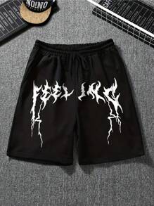 青少年男孩休闲帅气闪电酷炫印花抽绳腰带休闲运动裤带口袋 - 黑色 - 查看 2