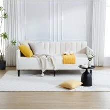 Elena Twin Size Beige Velvet Upholstered Daybed, Ribbed Tufted Backrest, Daybed In Lavish Modern Design, Richly Hued Foam Comfort