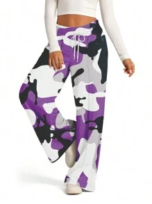 Women's Spring Summer Baggy Pants Drawstring Camouflage Loose Fit Wide Leg Trousers - 紫色 - 查看 5
