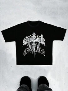 Maglietta maschile a maniche corte, stile moda di strada, con scollo rotondo, stampa croce nera e lettere gotiche