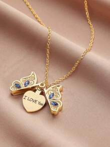Engraved "I Love You" Rhinestone Butterfly Openable Necklace, Fashionable Pendant Necklace, Valentine's Day Gift