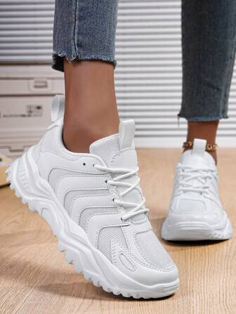 2025 New Women Thick Sole Casual Shoes, Mesh Contrast Design Breathable Sport Shoes