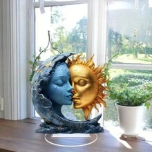 Atrapasueños bohemio con diseño de sol y luna - Regalo de cumpleaños de plástico, exhibición de escritorio de oficina y cafetería, decoración de alféizar del hogar, estatuas acrílicas de luna azul y sol dorado con soporte