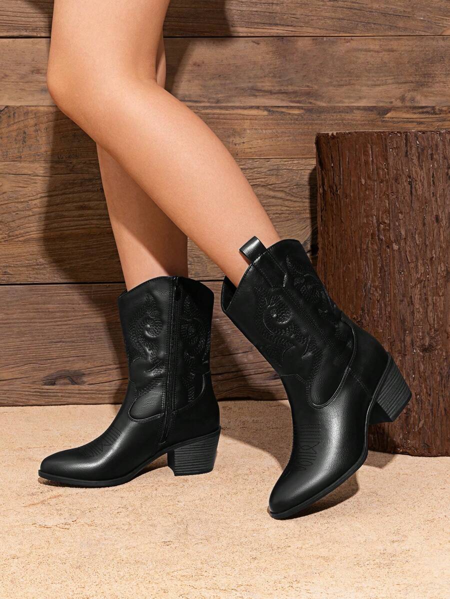 Women's Embroidered Western Cowboy Ankle Boots Almond Toe Chunky Heel Side Zipper Cowgirl Style Suitable For Spring And Fall Party Festival Short Boots - màu đen - Xem 1