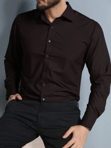 Men's Long Sleeve Slim Dress Shirt Microfiber Fabric - 咖啡棕 - 查看 1