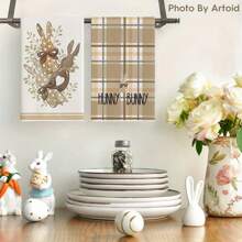 4-Piece Easter Theme Decorative Hand Towels Set, Polka Dot & Plaid Bunny Pattern, Polyester Kitchen Towels, Simple Rustic Style, Soft Absorbent Drying Cloth, Kitchen And Bathroom Decor - Brown - View 3